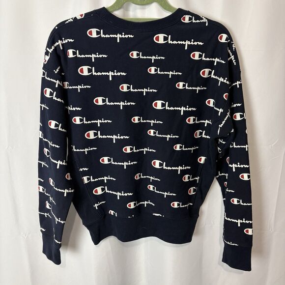 Champion Women’s Sm Reverse Weave Crew Sweatshirt Blue Logo Spellout Athleisure - Picture 8 of 8